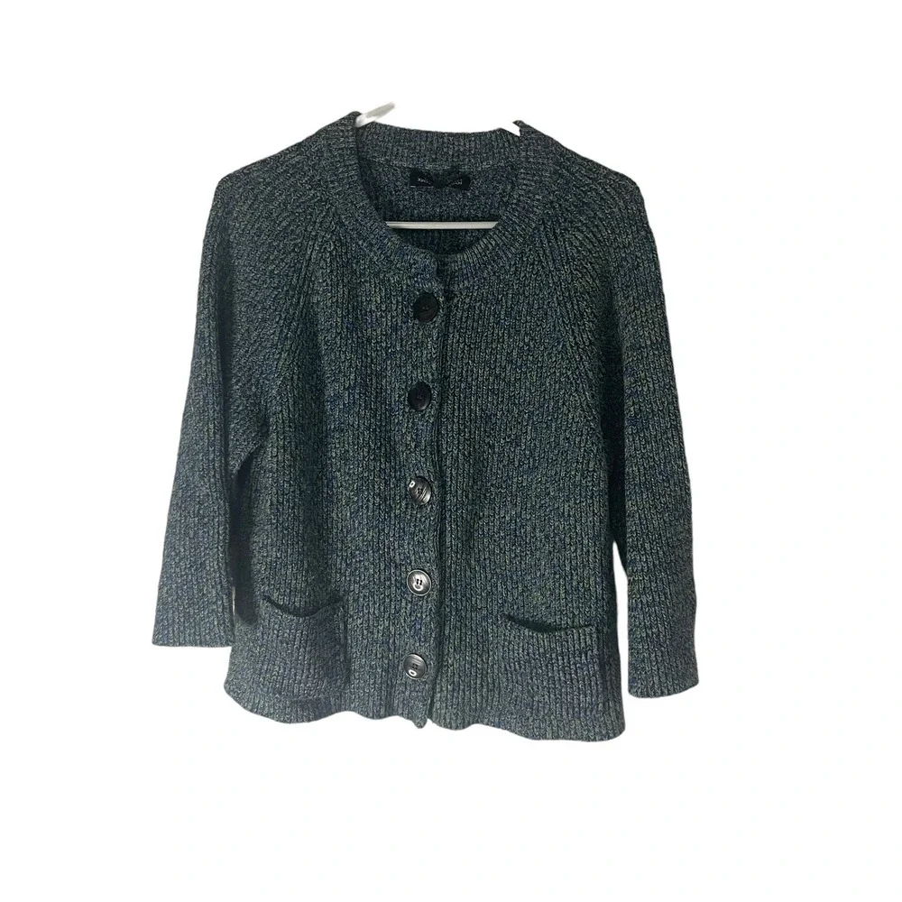 Jones New York Petite Blue Green Marled Knit Button Front Cardigan Sweater PL